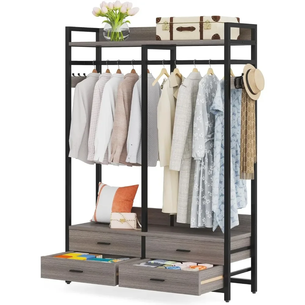 Freestanding Closet Organizer, Heavy Duty Garment Rack with 4 Drawers, 8 Hooks and Storage Shelves, Wardrobe Rack for Bedroom