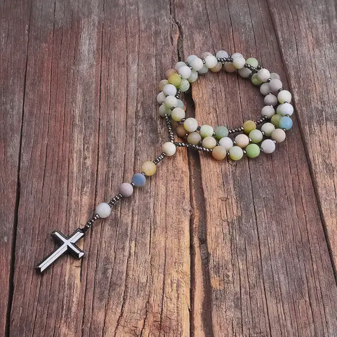 Natural Stone Matte Amazonite Catholic Christ Rosary Necklaces Hematite Cross Pendant Necklace Women Jewelry