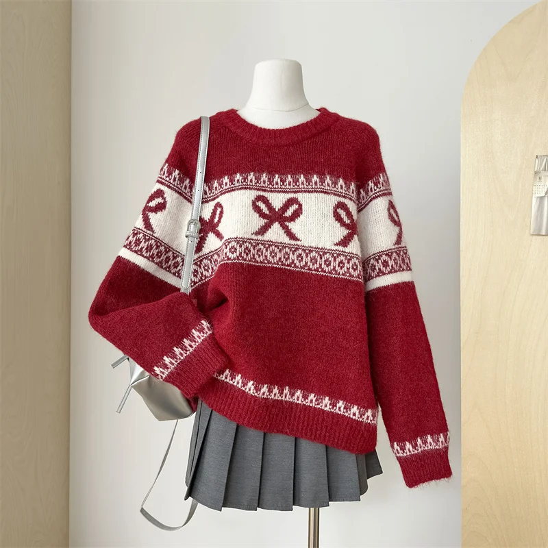 

Women's Red Bow Embroidered Sweater Autumn And Winter New Y2k Korean Harajuku Chic Gentle Fashionable Loose 2025 Knitted Sweater