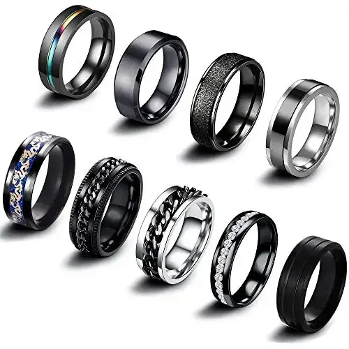 

9Pc Stainless Steel Band Ring for Men Women Cool Fidget Spinning Chain Ring Anxiety Relief Fashion Wedding Engagement Black Ring