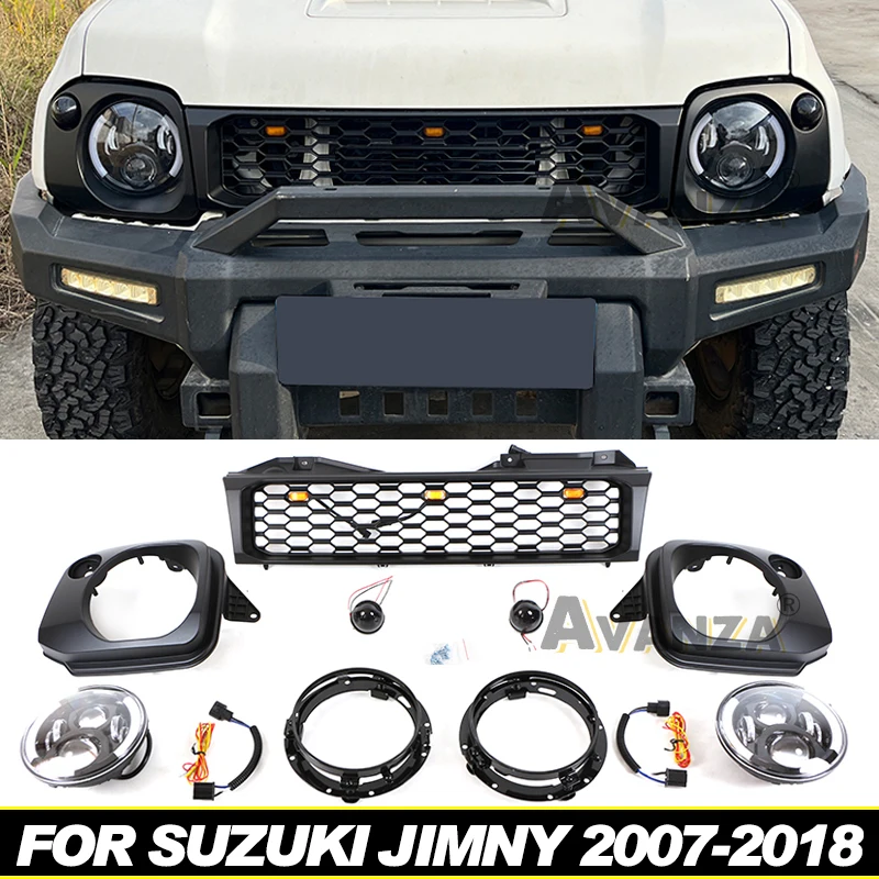 Front lbumper gril modification accessories Racing Grill+Front Lamps Cover+Led Headlamps For Suzuki JImny 2007-2018 2011 2012