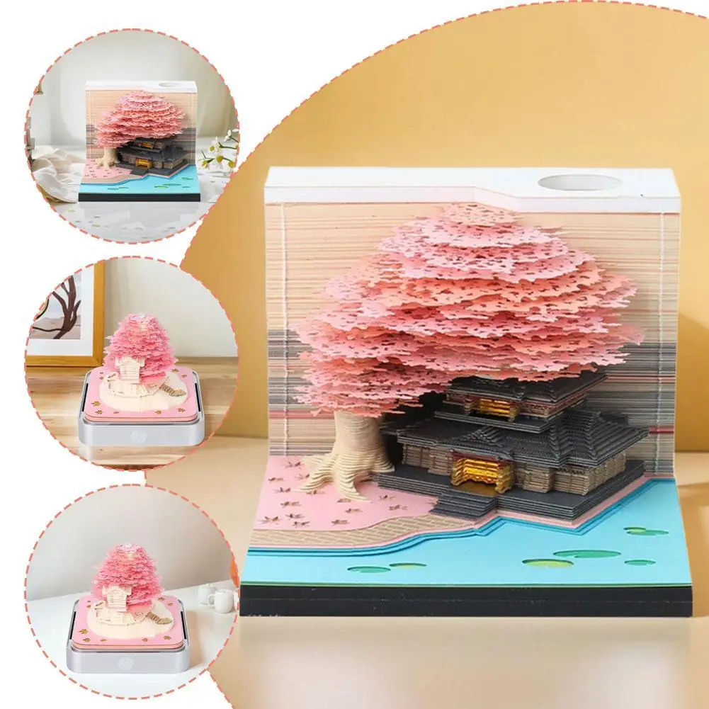 

2026 3D Flowering Tree Paper Carving Art Calendar Ornament LED Light Notepad Paper Carving Desk Calendar Creative Ornament Gift