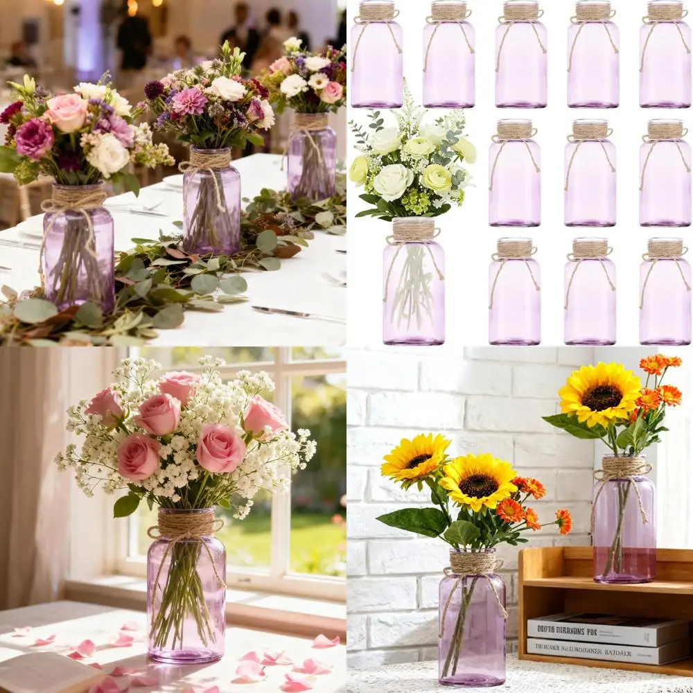 

Set of 12 Purple Vintage Glass Flower Vases, Farmhouse Style Mason Jars for Weddings, Parties, Home Decor