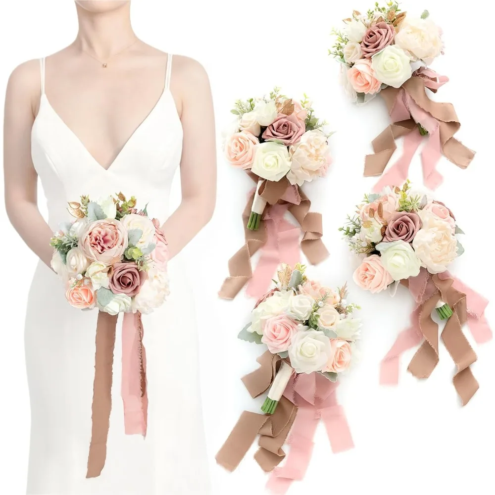 

A Set of Four Artificial Pollen Colored Bridesmaid Bouquets, A 7-inch Rose Colored Wedding Bouquet Prepared for Bridesmaids