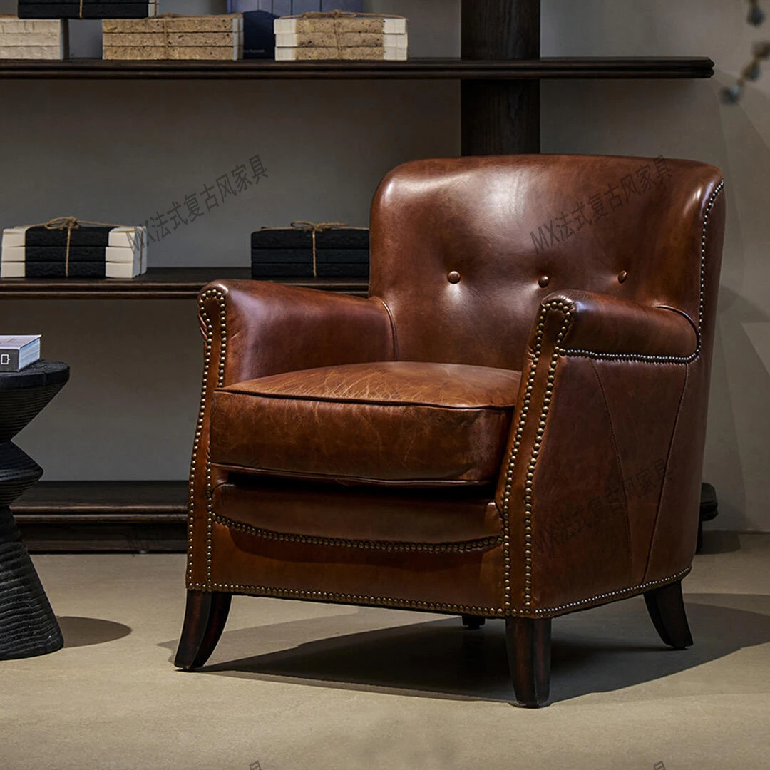 

American Classic Tiger Chair Vintage Oiled Wax Leather Lounge Chair Mid-Century Cigar Bar Whiskey Single Sofa Chair