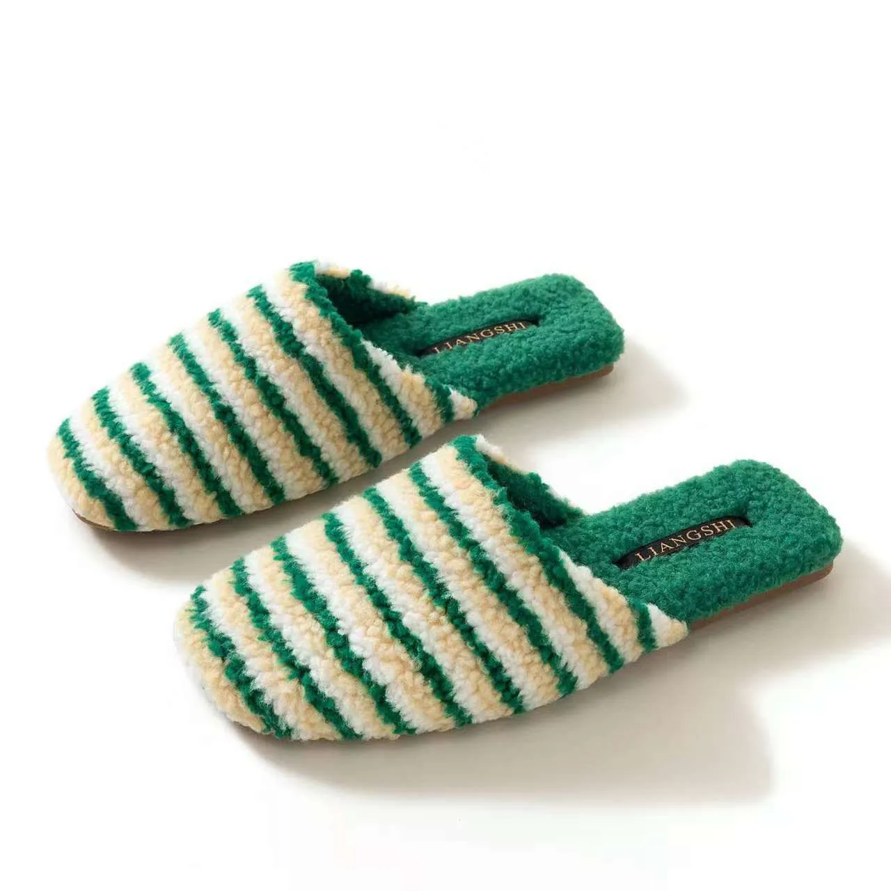 

2026 Winter and Autumn Warm Striped Fur-Padded Slippers Couple's Soft-soled Warmth-Enhancing Personalized Casual Style