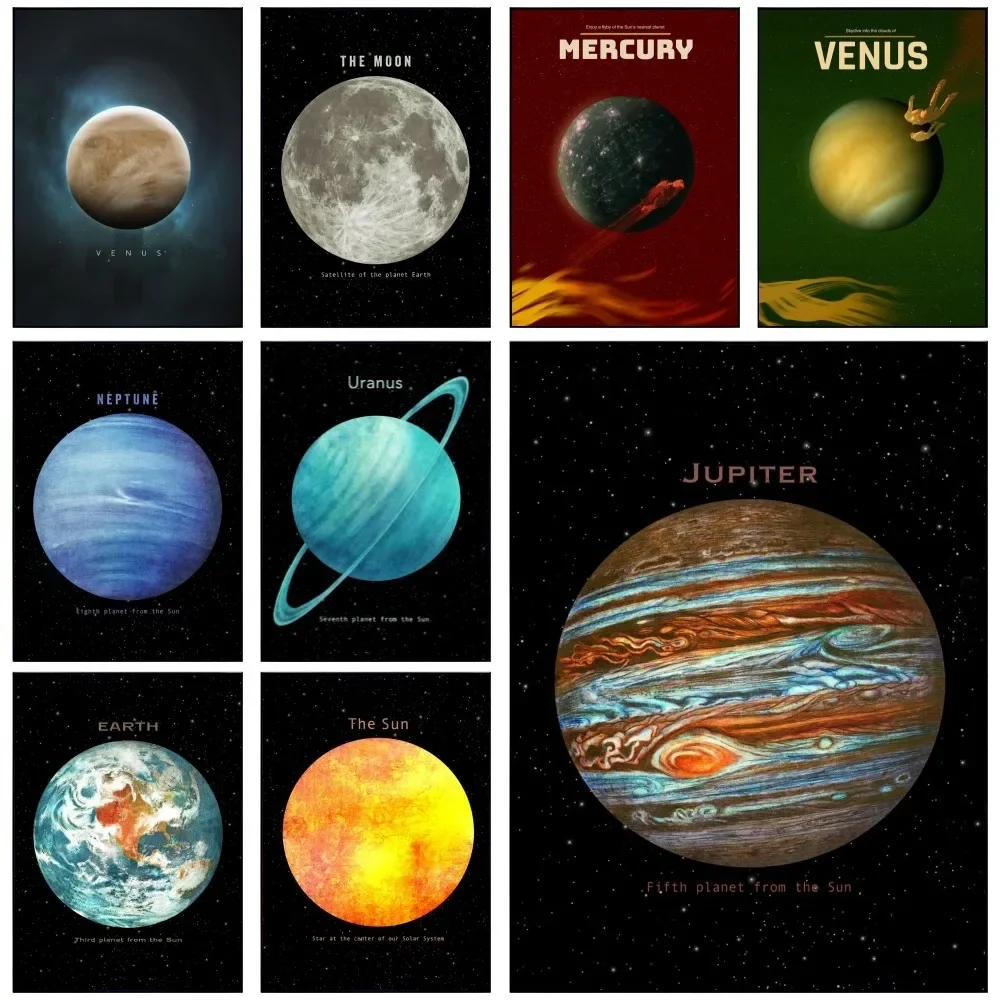 

1PC Eight Planets Full Moon EarthSolar System Poster Self-adhesive Art Waterproof Paper Sticker Coffee House Bar Room Wall Decor