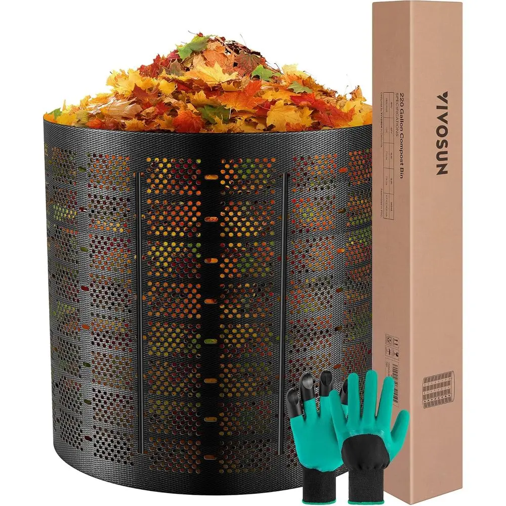 

Расширяемый уличный компостер на 220 галлонов - простая установка, идеально подходит для больших участков, с перчатками (черный)