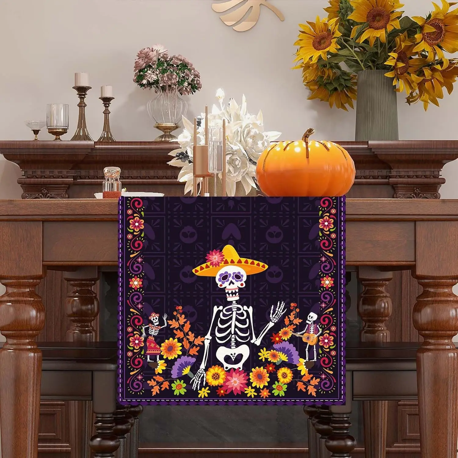 Mexican Day of The Dead Sugar Skull Linen Table Runners Fiesta Party Decor Dia De Los Muertos Table Runner Halloween Decorations