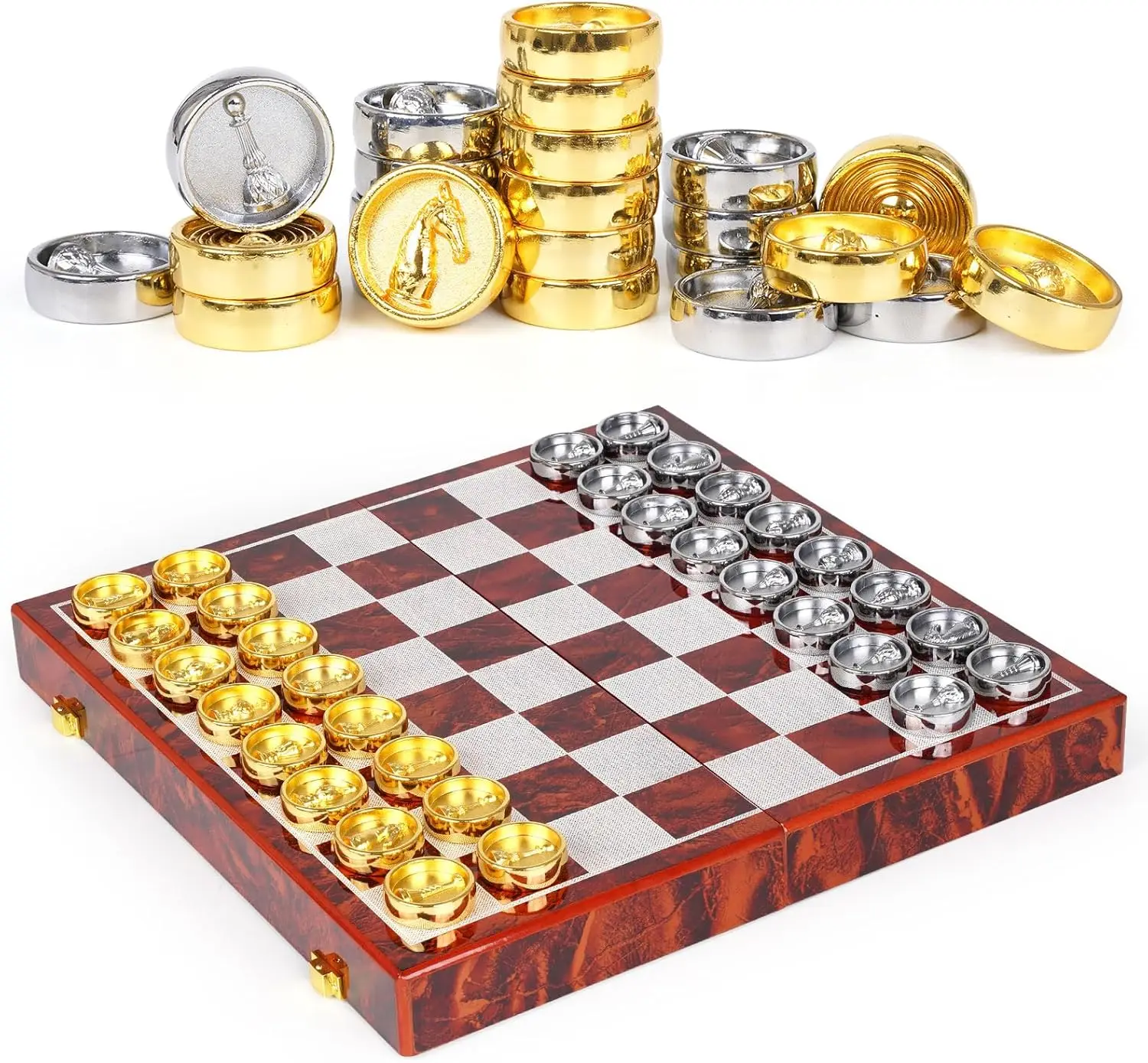 Jeu d'échecs et de dames en métal 2 en 1 – Planche en bois pliable, jeu de voyage portable pour adultes et enfants