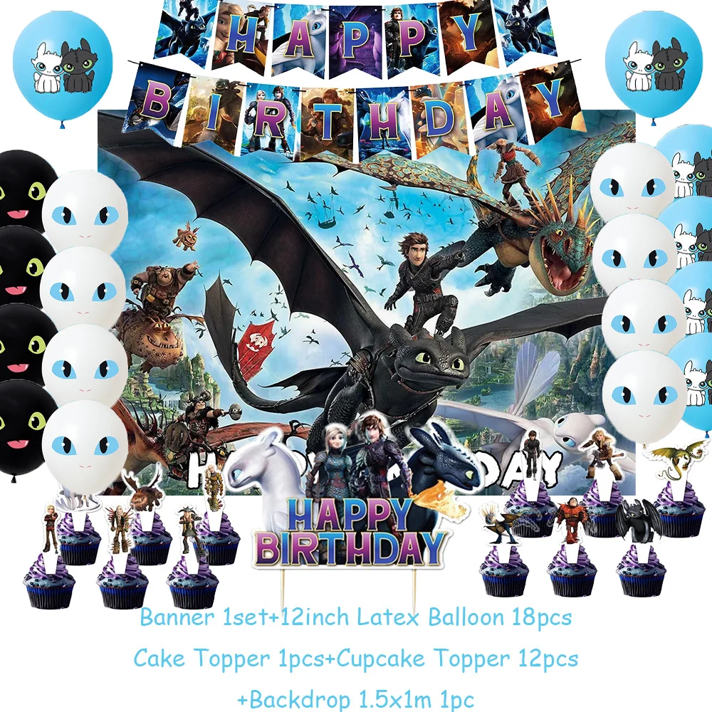 Cartoon Drachenzähmen leicht gemacht Geburtstagsparty Dekorations-Set mit Hintergrund, Ballons, Tortendeko, Babyparty, Kindergeschenke, Spielzeug und Zubehör