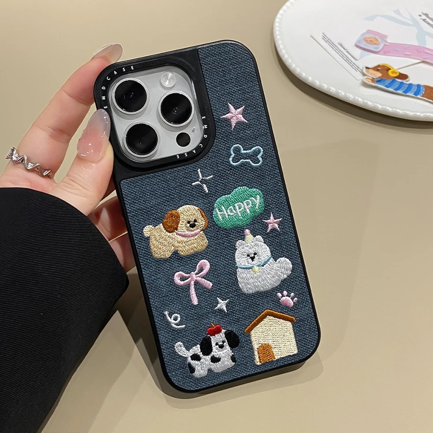 아이폰 17 16 15 14 13 Pro 12 11 Max Plus 16Pro 수제 패브릭 자수 강아지 폰 케이스 15Promax 커버 쉘