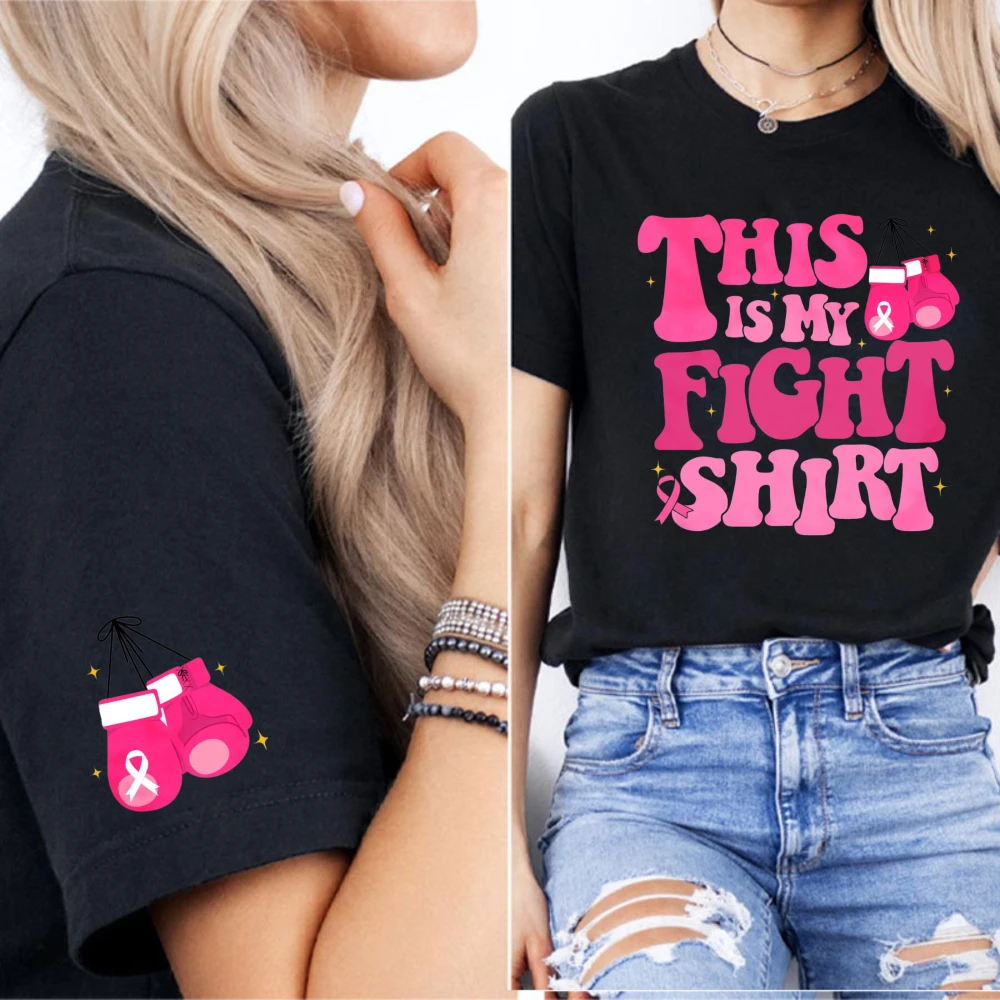 This Is My Fight Shirt Boxing Glove Front Print Boxing Gloves Cuff Graphic Breast Cancer Awareness Crew Neck Casual Summer Tees