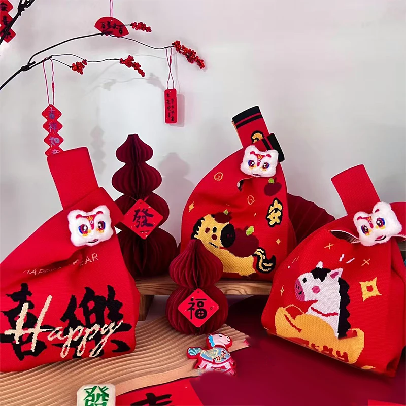 

SXH Year Cartoon Mascot Pony Knitted Gift Bag Handheld Candy Bag Large Capacity Knot Wrist Bag Cute Reusable Shopping Bags
