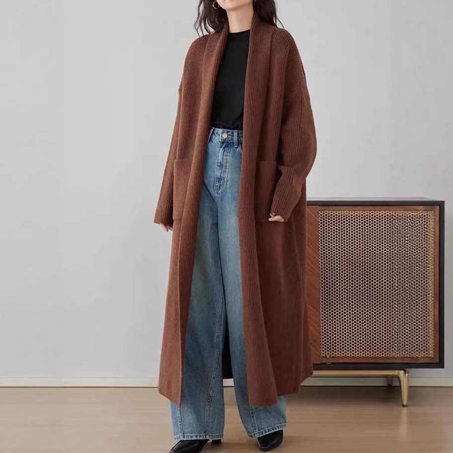 

Mid-Long Cardigans In Woman Womens Fall Asymmetric High-End Drop-Shoulder Crochet Petal-Sleeve Fur Cable Drawstring Fancy Baggy