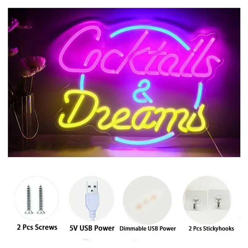 "Cocktail & Dreams" Neon Sign USB Dimmable for Gameroom Bedroom Bar Livingroom Birthday Party Wall Decor 15.4x11.8in view 5