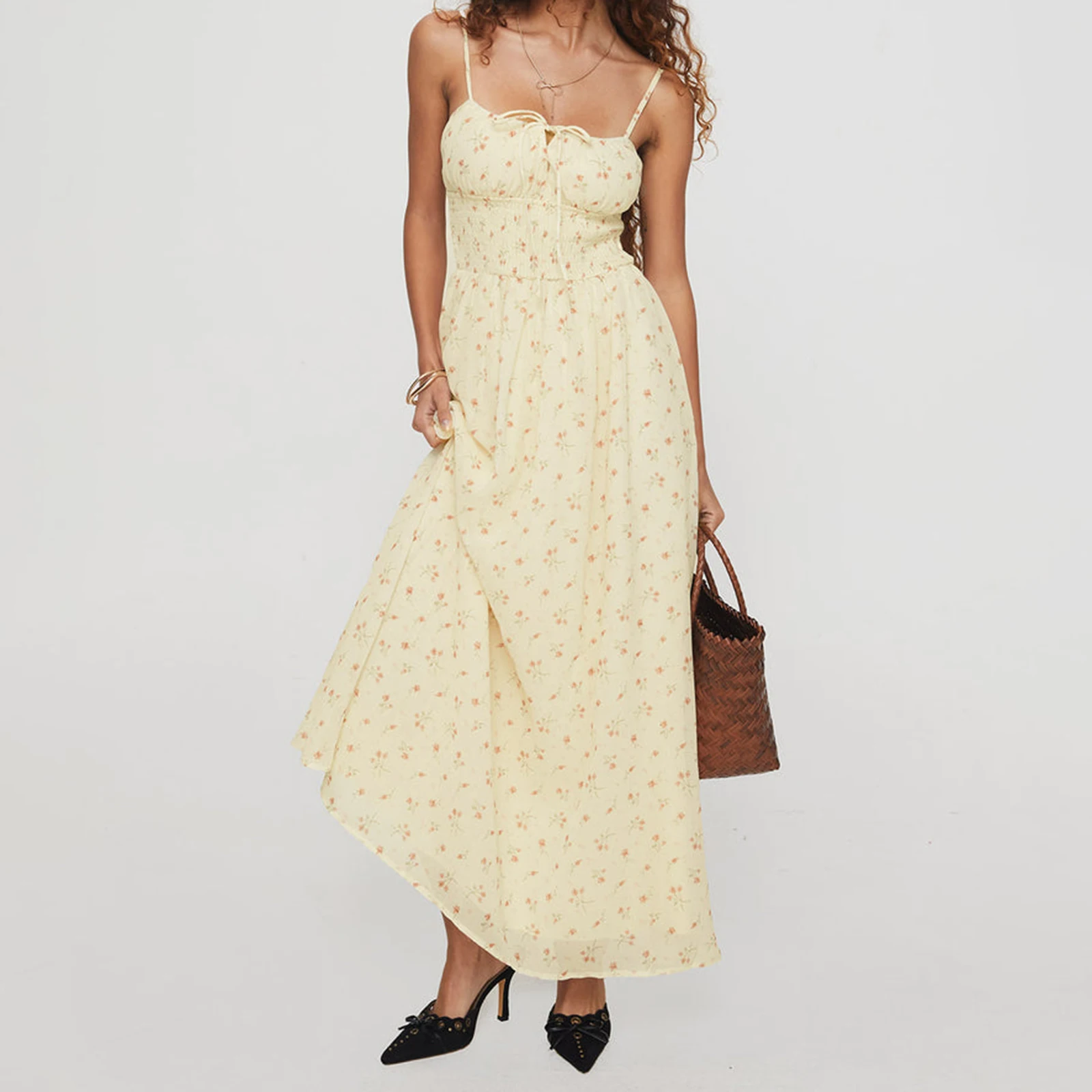 Mulheres verão cinta de espaguete boêmio deslizamento vestido sem mangas tie-up floral impressão solta vestidos longos