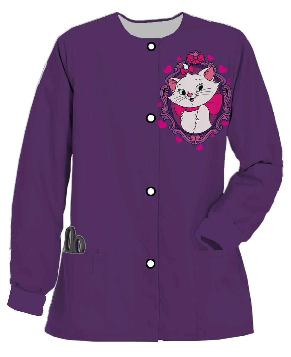 Schönheitssalon Damen Langarm-Cardigan mit Doppeltasche, lässige Arbeitskleidung, Disney Marie Cat, süße süße bedruckte Jacke