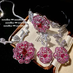 New 18K White Gold Paletd Red Cubic Zirconia Bridal Delicate Rose Flower Sparkling Crystal for Jewelry Set Women Wedding Banquet