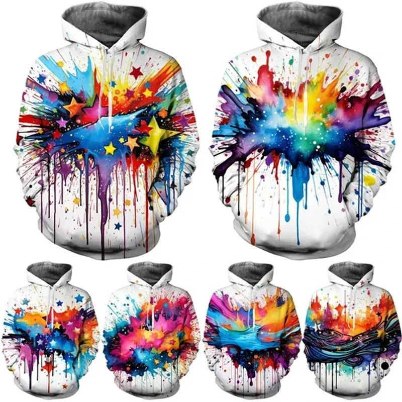 Colorful Fashion Splash Ink Drop Color 3D Printing Hoodies Trendy Starry Sky Harajuku Style Couple Pullover Top Graphic Hoodies