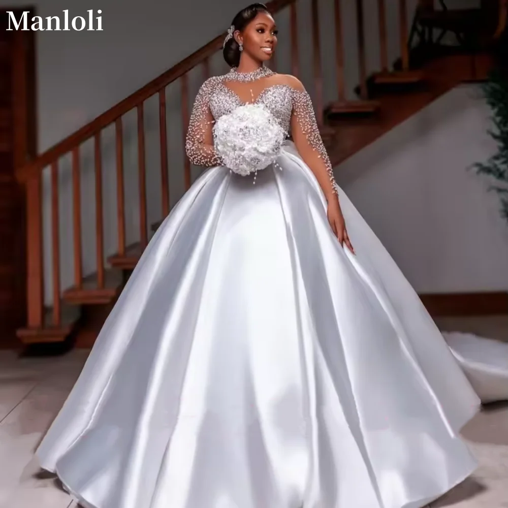 Africano elegante branco cetim vestido de casamento gola alta renda manga longa vestido de noiva luxo frisado a linha baile personalizado
