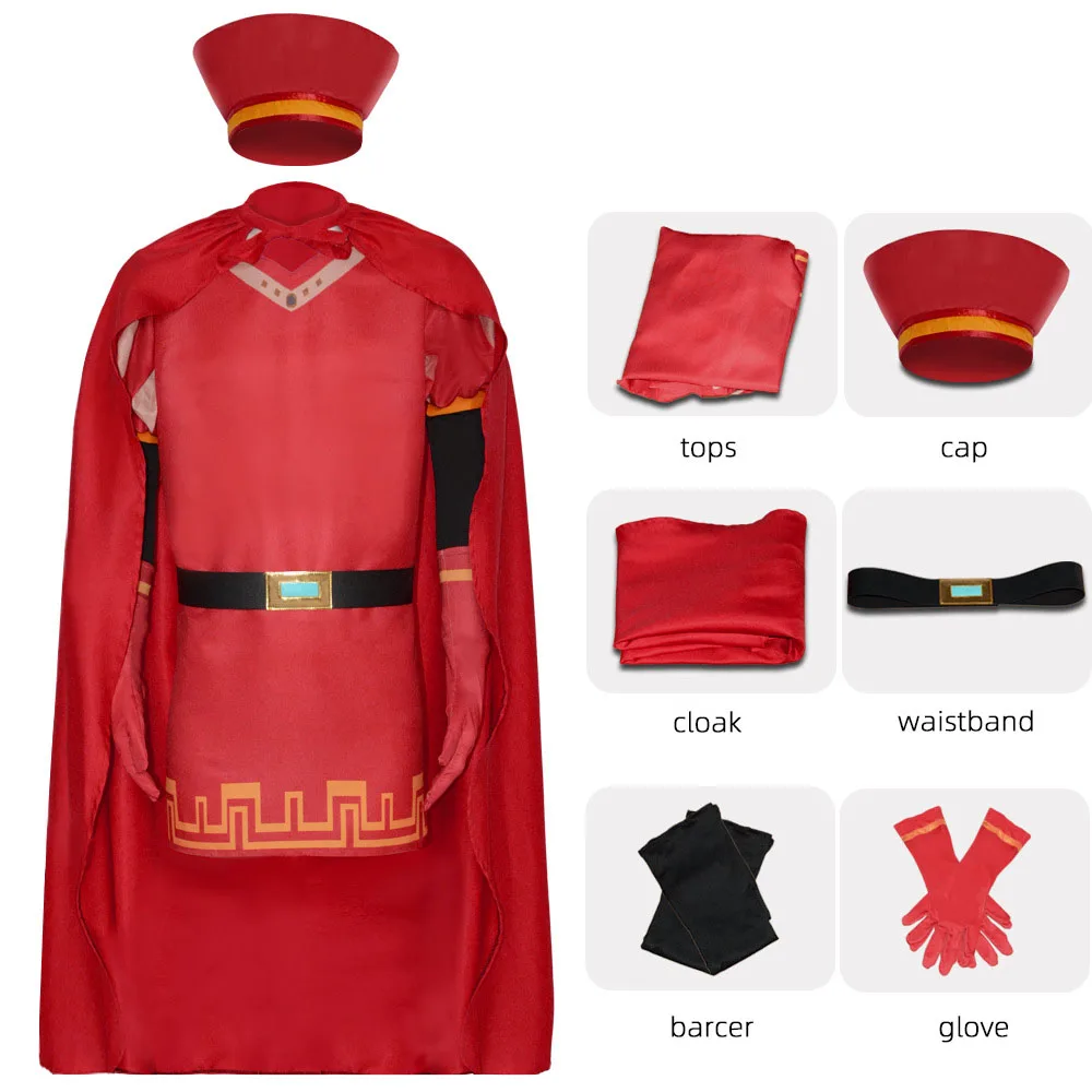 

Anime Movie Lord Farquaad Cosplay Costume Red Tops Hat Cloak Waistband Barcer Gloves Set Lord Role Play Suit Halloween Party