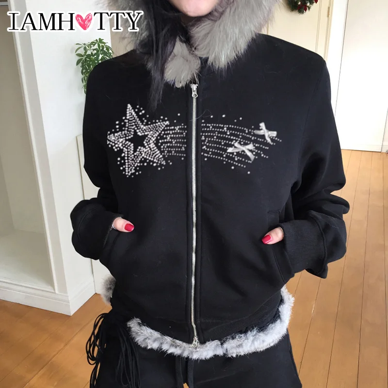 IAMHOTTY Vintage Rhinestones Graphic Hoodie Women\'s Double Zipper Jacket Faux Feather Hooded Sweatshirts Gothic Coat Festival