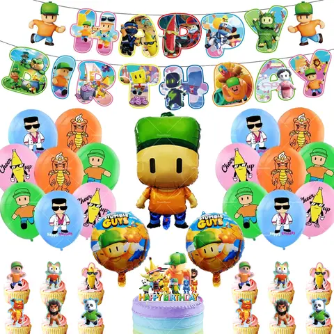 Stumble Guys Balloons Happy Birthday Banner Hot Game Party Decoration Kids Boy Cake Topper Background Stickers Keychain Gift Bag