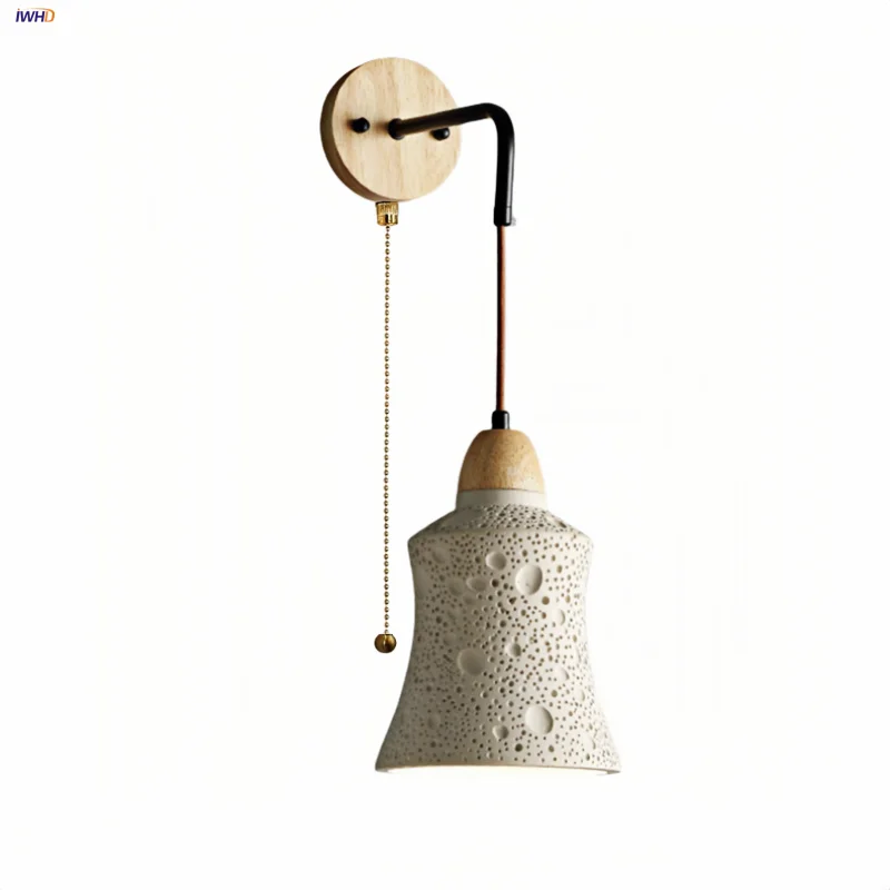 

IWHD Cement Lampshade LED Wall Lamp Sconce Study Hotel Nordic Modern Pull Chain Switch Wood Wire Adjustable Stair Light Fixtures