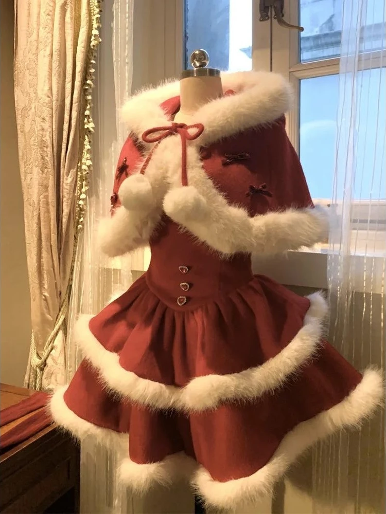 겨울 달콤한 로리타 크리스마스 드레스 세트 여성용 귀여운 숏 케이프 + 슬림 플러피 드레스 새로운 귀여운 산타 스타일 파티 의상