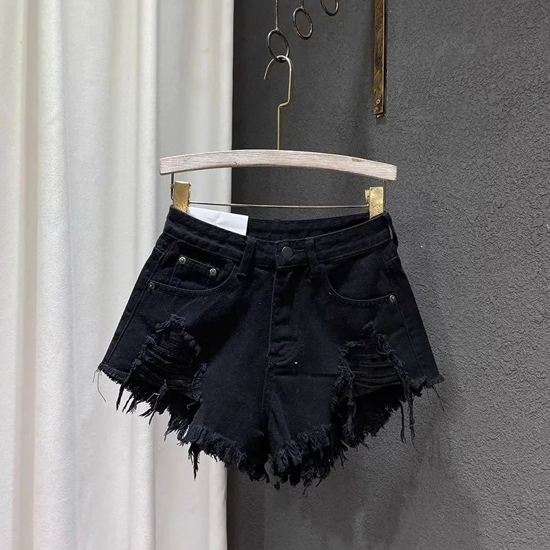 Shorts jeans retrô de cintura alta feminino, jeans de franja linha A, calça quente ultra-curta, rebarba, verão, novo, menina quente, 2024