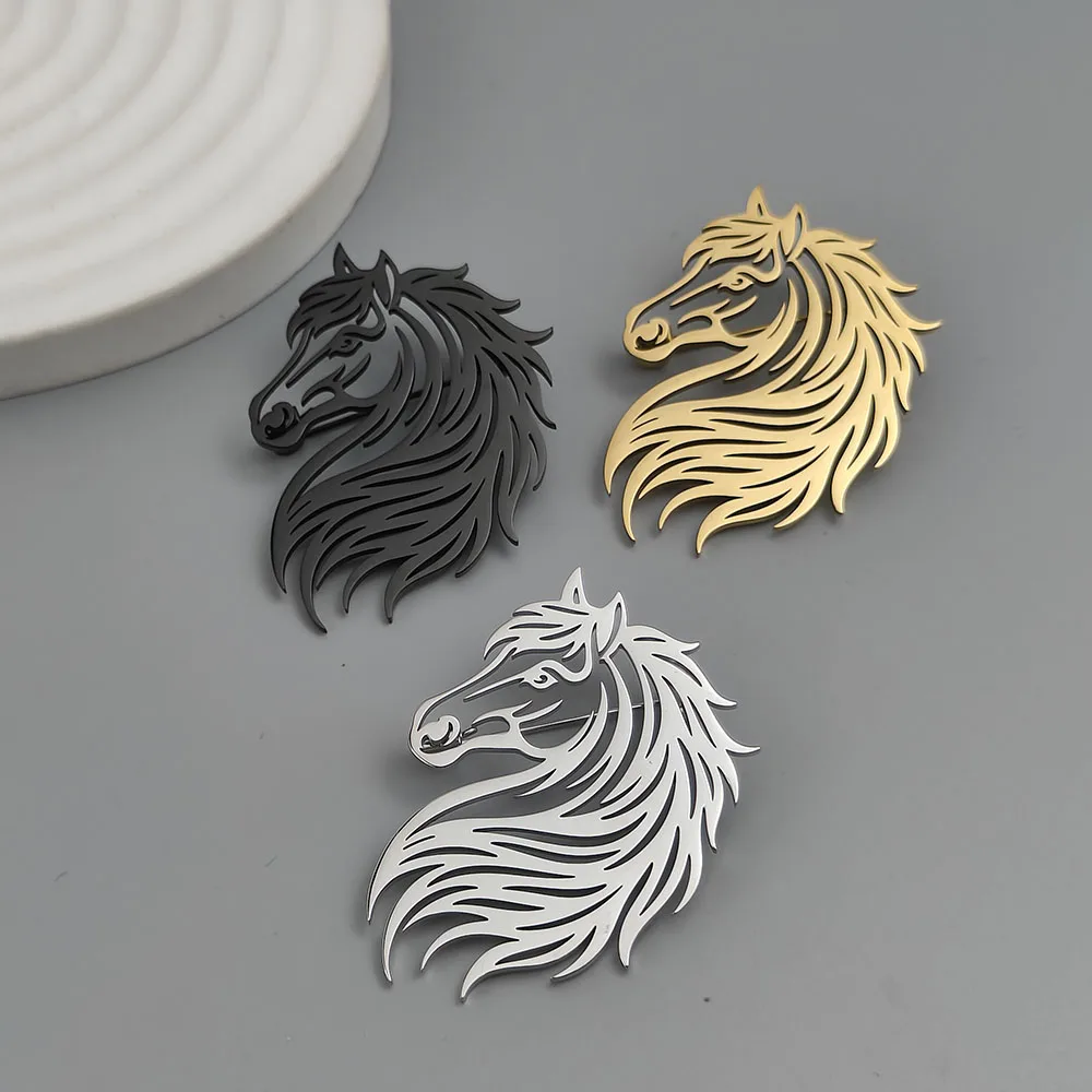 316L Stainless Steel Plated 18K Gold Flowing Mane Horse Hollow‑Out Brooch Lapel Pin for Jacket Backpack Unisex Jewelry Gift