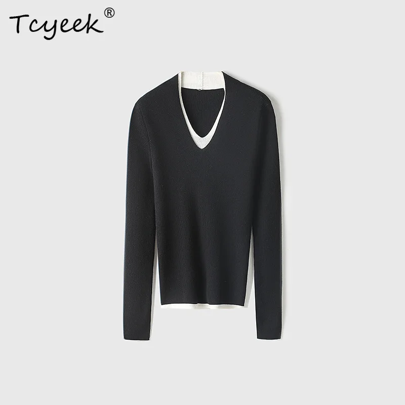 

Tcyeek, 100% овечья шерсть, женский пуловер, искусственные комплекты из 2 предметов, вязаные свитера, майка, осенне-зимний топ 2024 T49415QM
