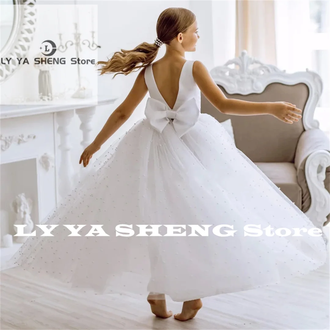 Customized White Flower Girl Dresses Tulle Puffy Pearl With Bow Sleeveless For Wedding Birthday Party First Communion Gowns