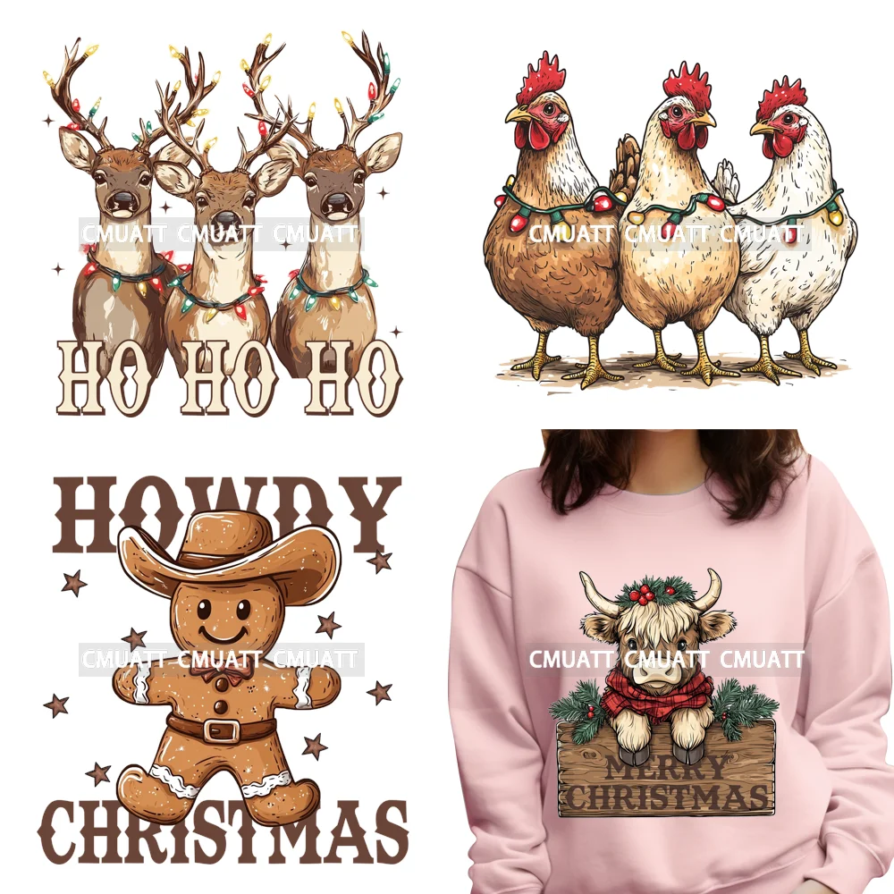 

HO HO HO Howdy Country Cowboy Western Christmas Highland Cow Jolly Babe Mooey Xmas DTF Transfer Printing Iron On For Clothing