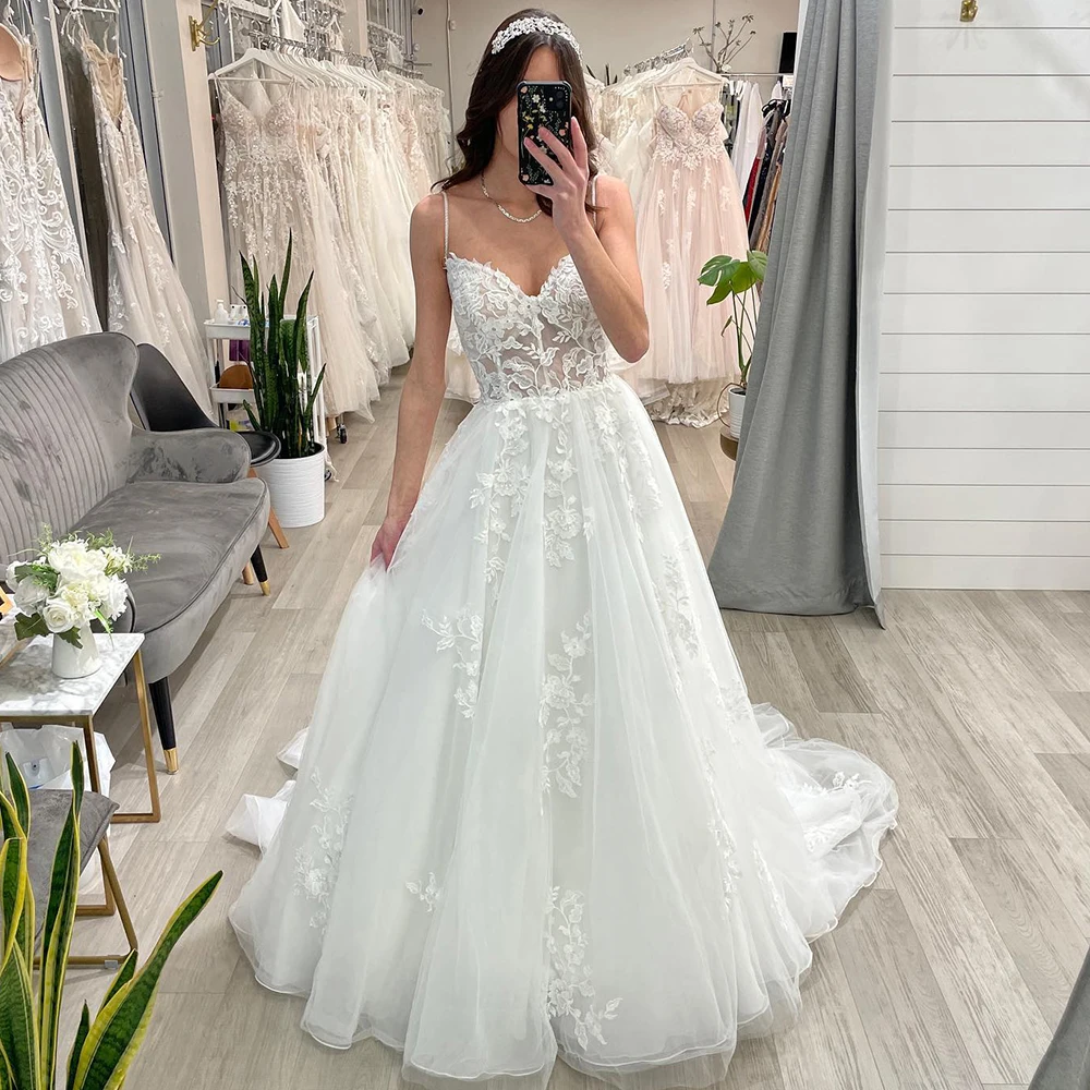 Abiti da sposa Boho per le donne 2023 pizzo Applique Tulle abiti da sposa a-line Sweep Train elegante abito da sposa vestidos de novia