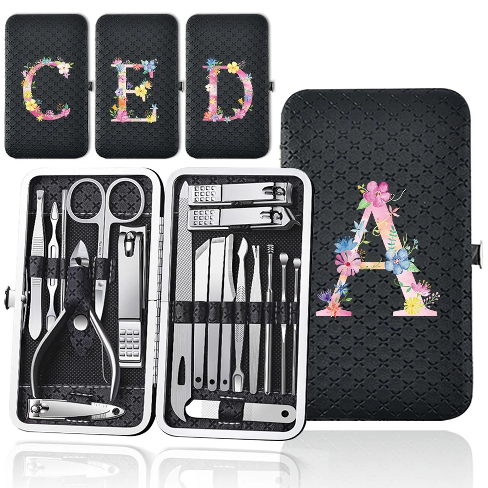 

19 Pcs Nail Clippers Set Storage Box Portable Nail Clippers Set Home Essentials Pedicure Kit Personal Care Pink Letter Pattern