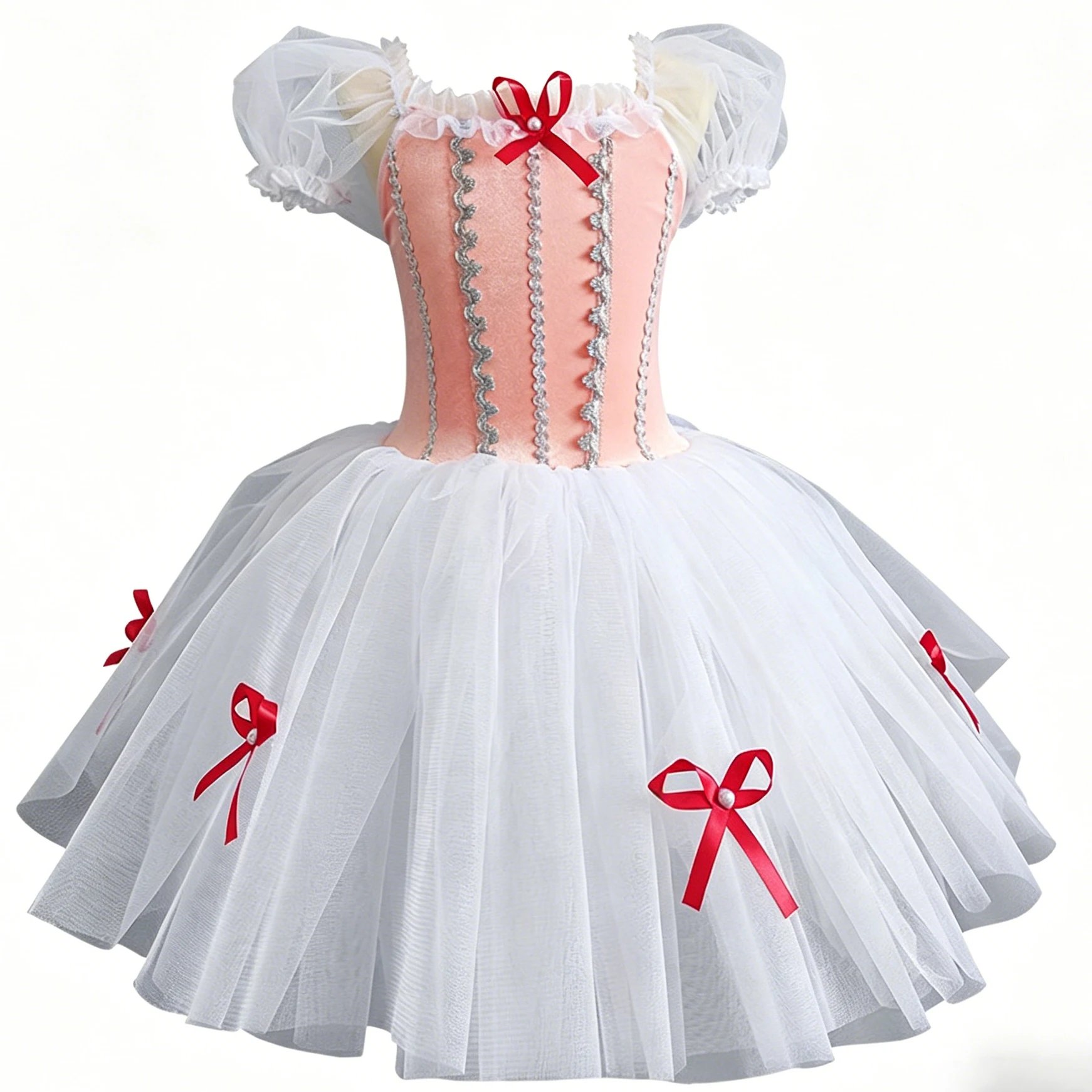 

Professional Elegant Gauzy Ballet Dress Puff Sleeve Bowknot Patchwork Pleated Ballerina Party Dress Children Girl Dance Costumes