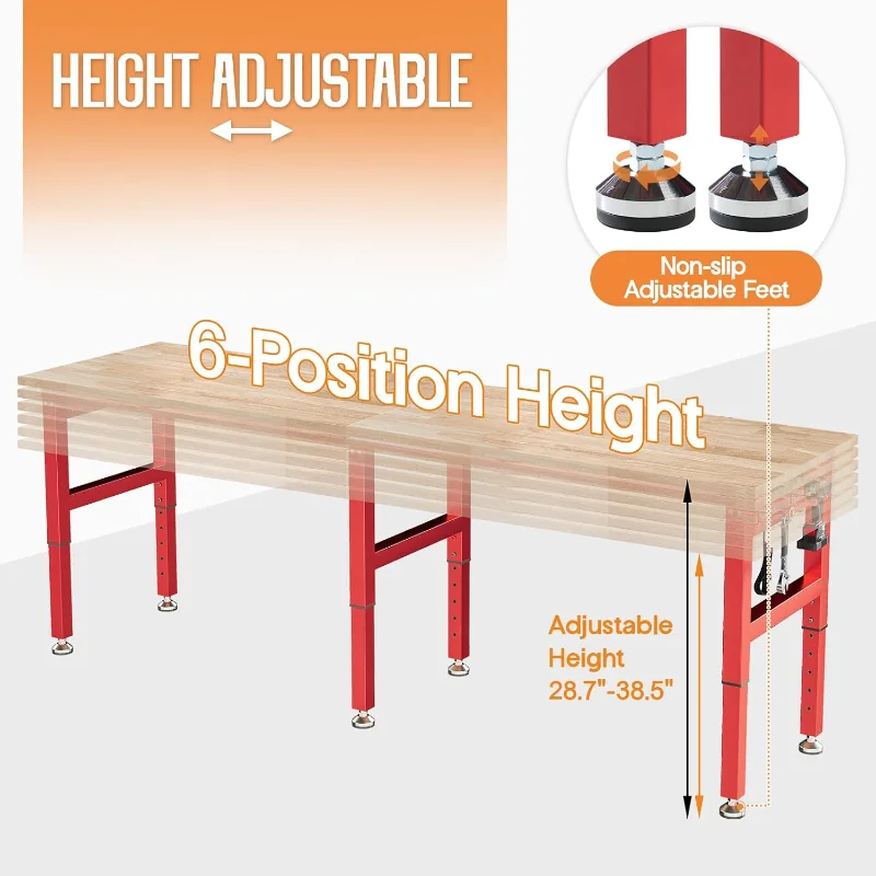 96" Red Adjustable Heavy Duty Workbench with 4 AC Outlet and 2 USB Ports Power Outlets, 5000 Lbs Capacity, Rubber Wood Top