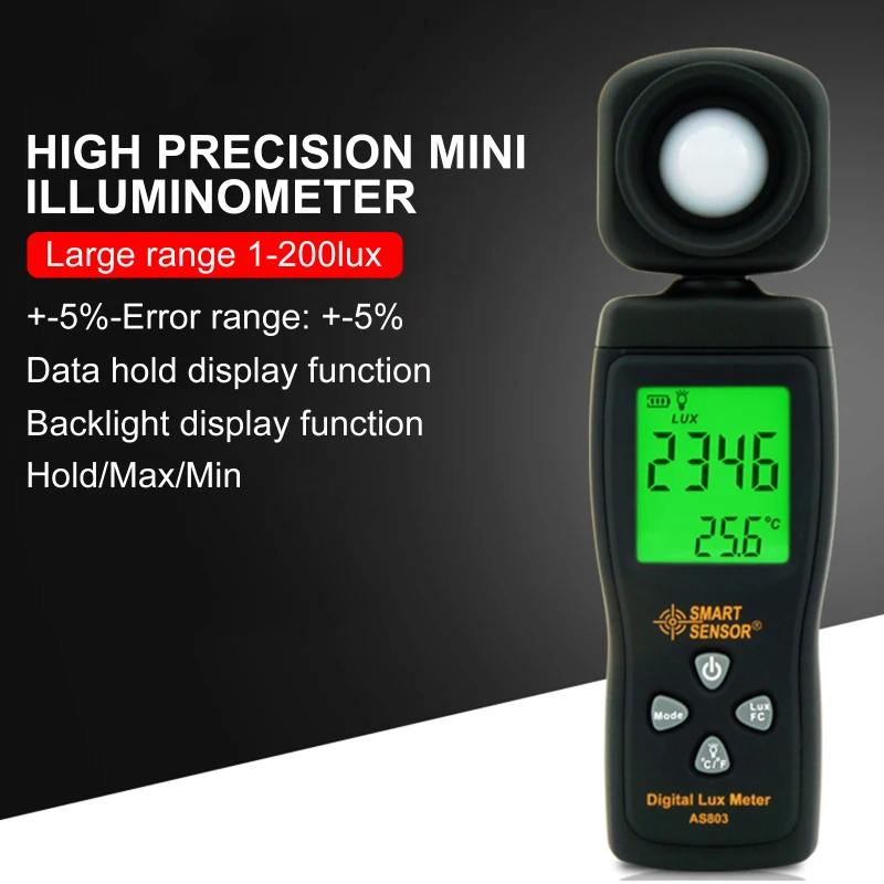 

AS803 Smart Senor Digital Luxmeter Light Meter Lux/FC Meter Luminometer Photometer 1-200000 Lux Spectrometer Spectrophotometer