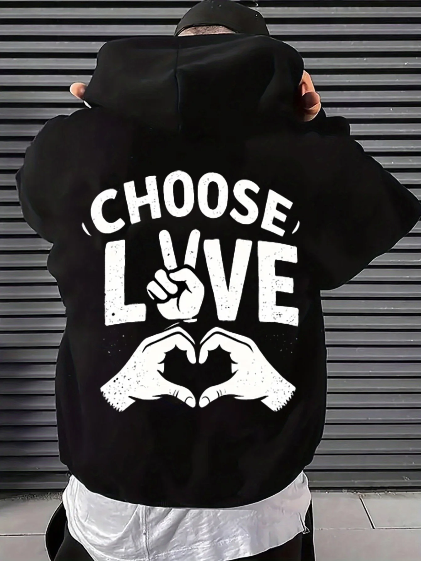 Men's Casual Hoodie with Love Gesture and Vintage Peace Pattern Print, Large Size Long-Sleeve Pullover, Casual Wear