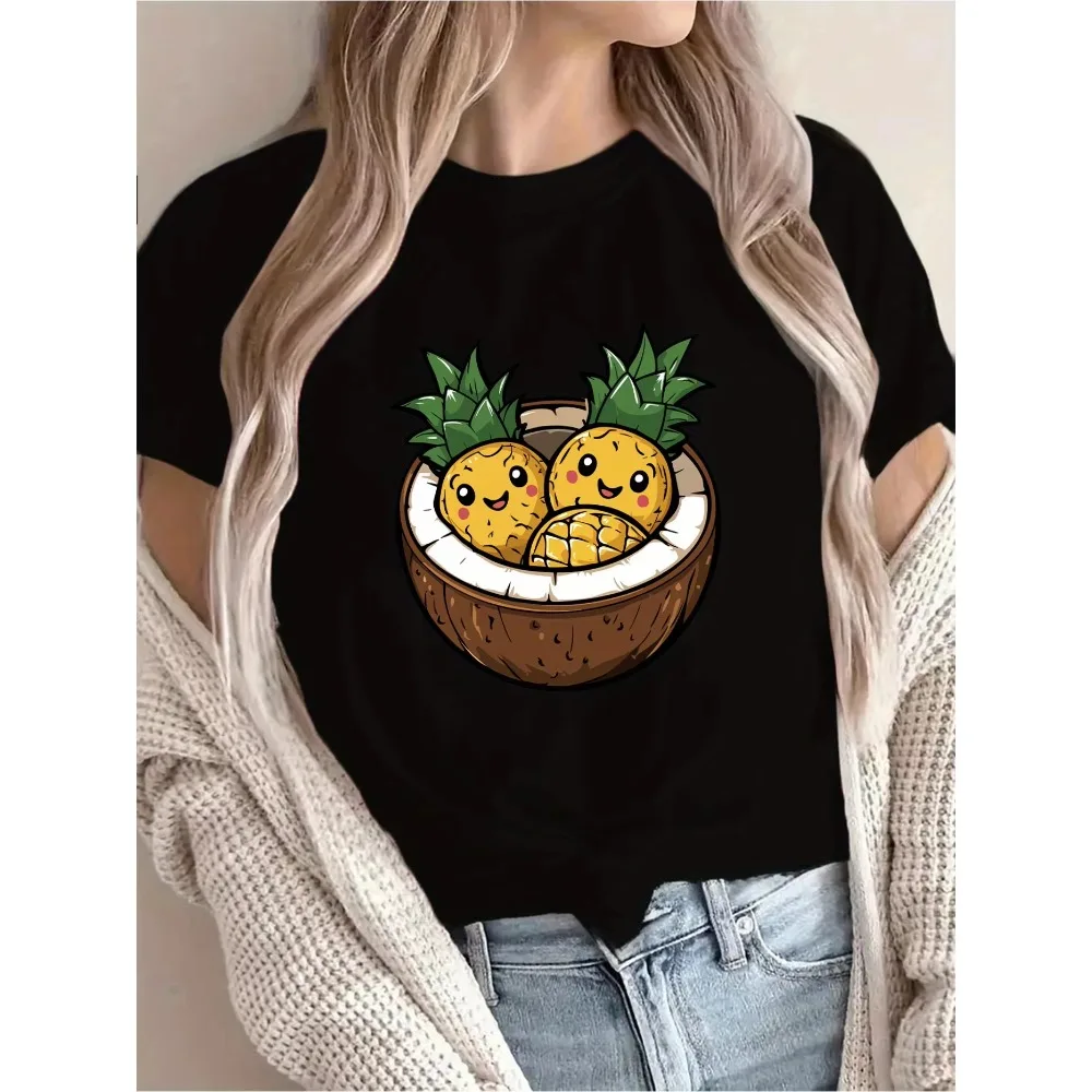 Camiseta con estampado de dibujos animados de piña y coco para mujer, pantalón corto informal de manga corta con cuello redondo, ropa de calle Harajuku de manga corta para verano