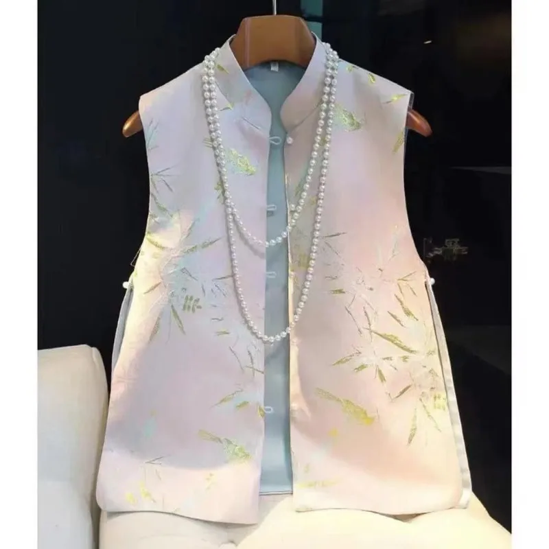 Spring Autumn New Sleeveless Chinese Vest Comfortable Warm Color Retro Jacquard Tang Style Loose Slim Wearing Women Tops