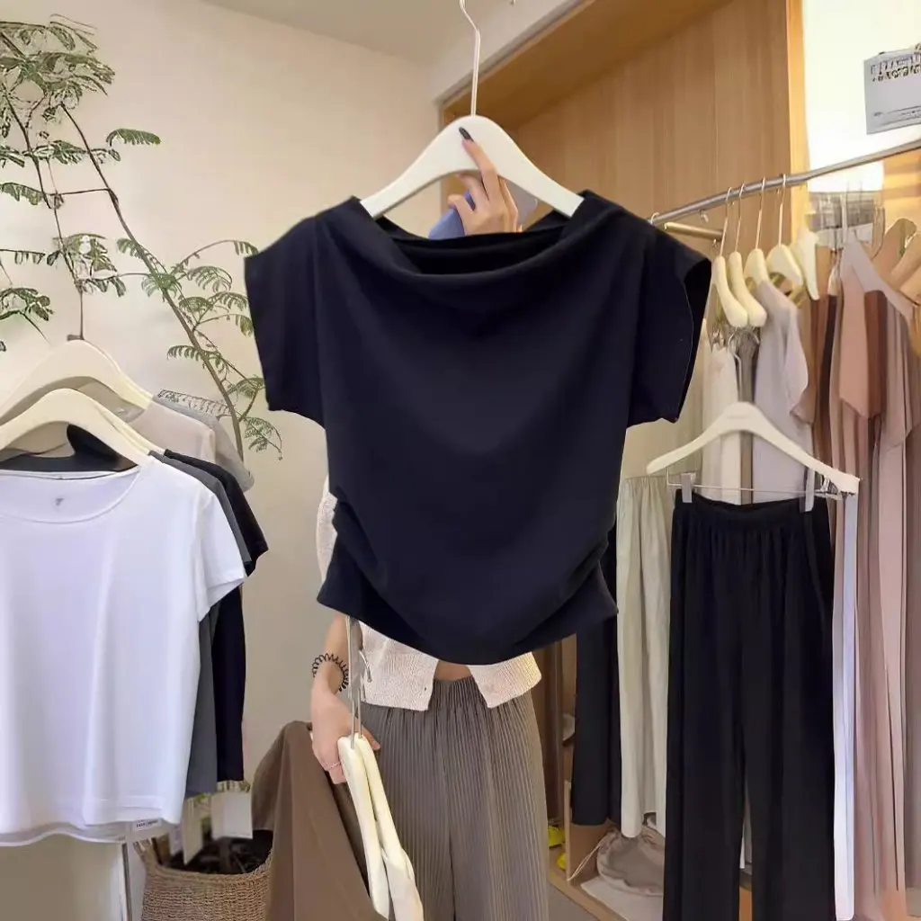 

Женская облегающая футболка с короткими рукавами, элегантный высококачественный однотонный модный топ с воротником с единым характером на лето