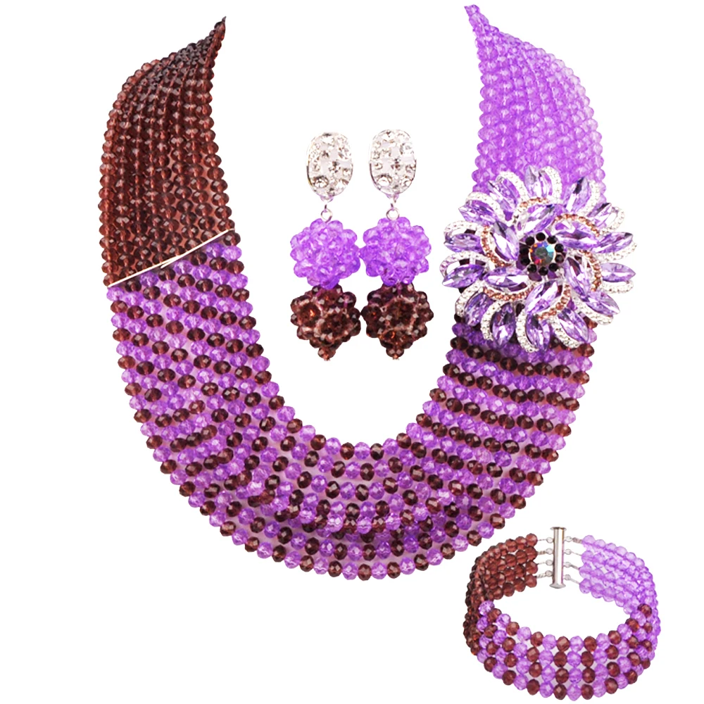 Dark Purple and Lilac Crystal Beaded African Jewelry Set for Women