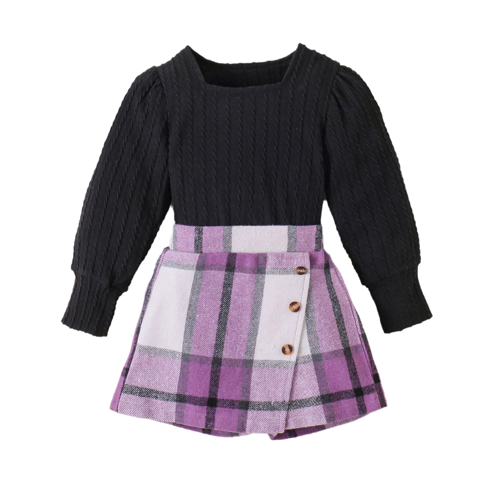 Kids Toddler Girls Spring Fall Clothes Knitted Long Sleeve Tops with Mini Plaid Skirt Skort Set Birthday Party Wedding Outfits