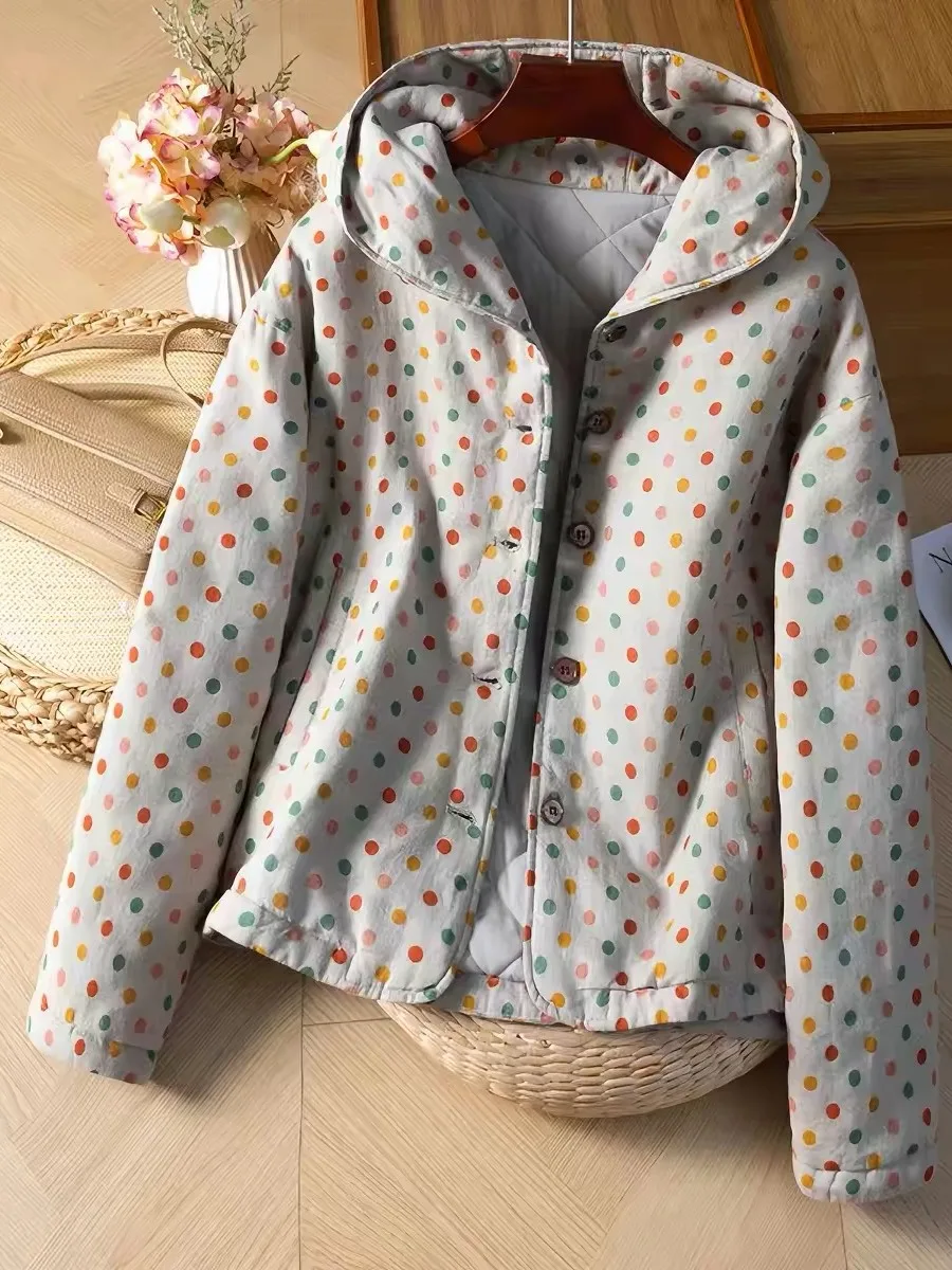 Retro Polka Dot Cotton Jacket Women's Loose Home Wear Winter Warm Long Sleeve Printed Casual Coat Stylish Comfortable Coat