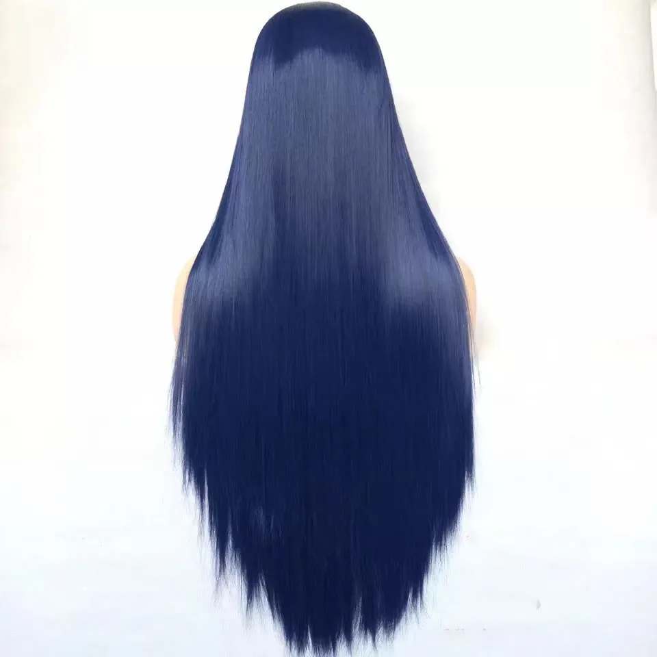 Soft Long Dark Blue Silk Straight Lace Front Wig 26Inch 180Density For Black Women Baby Hair Glueless Synthetic Preplucked Daily