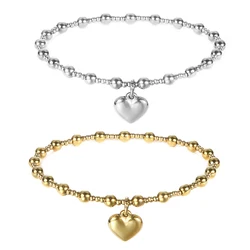 Waterproof Non Fading Metal Stainless Steel Jewelry Girl Party Durable Solid Round Beads Smooth Heart-Shaped Elasticity Bracelet