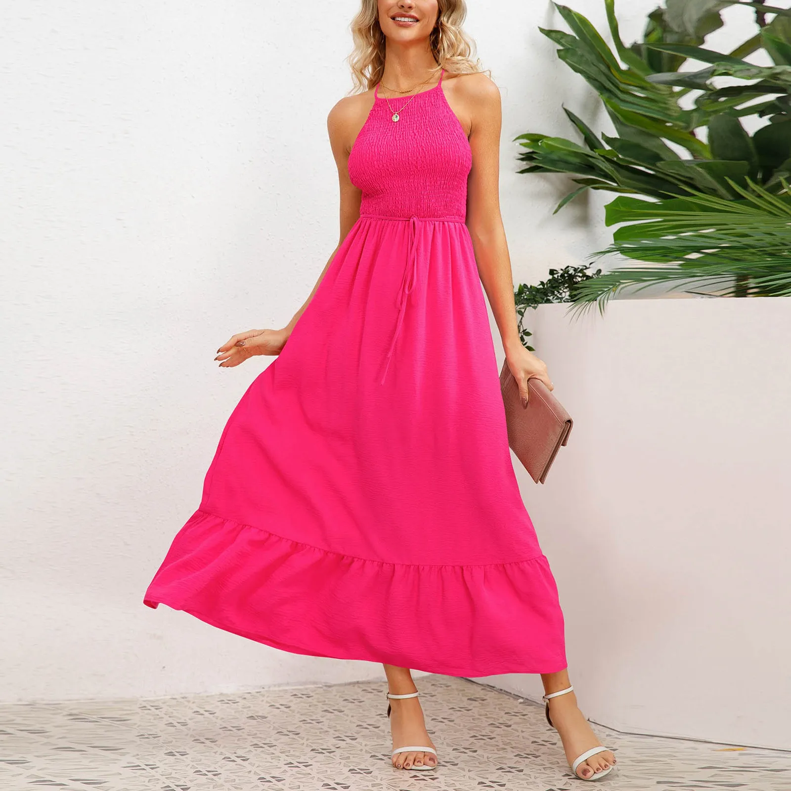 New 2024 Summer Dress for Women Clothing Temperament Fashion Solid Slash Neck Camisole Sexy Strap Beach Dresses A-line Skirt